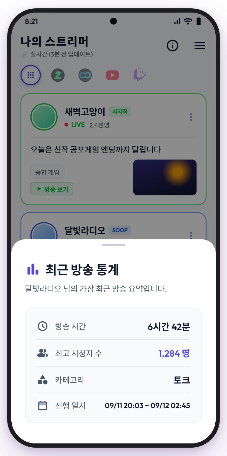 최근 방송 통계 요약 화면